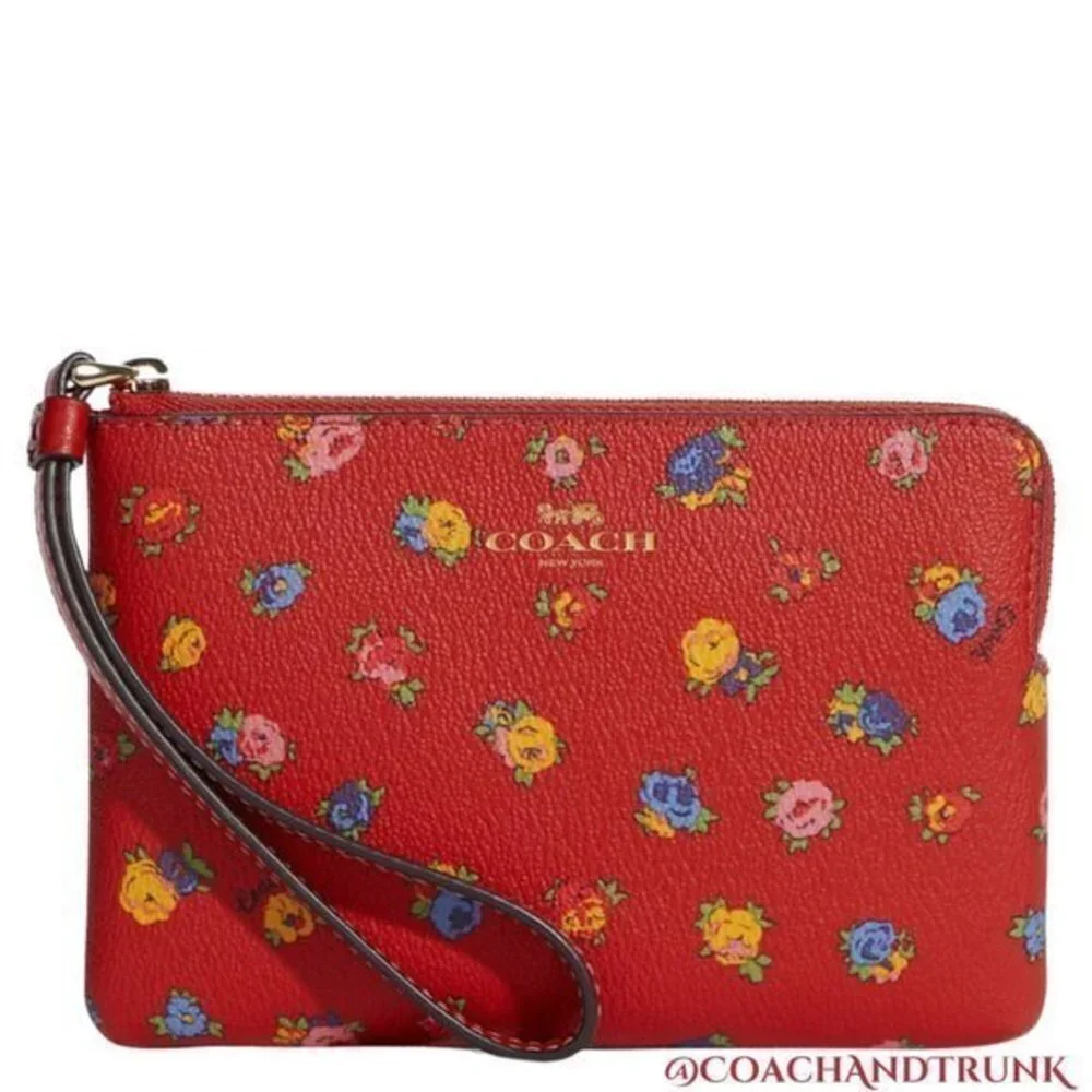 COACH‎ Corner Zip Wristlet With Mini Vintage Rose Print Miami Red Multicolor NWT